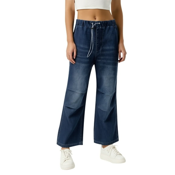 Women Jeans Petite Drawstring Straight Leg Elastic Mid Rise Wash Flare Trousers Pants for Women