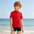 thumbnail image 4 of Rggeeun Boys Child Swimsuit Set Solid Color Slim Fit Elastic Short Sleeve Swim Shirt Crew Neck for Summer Vacation Beach Graceful Beachwear,Red,7-8 Years, 4 of 5
