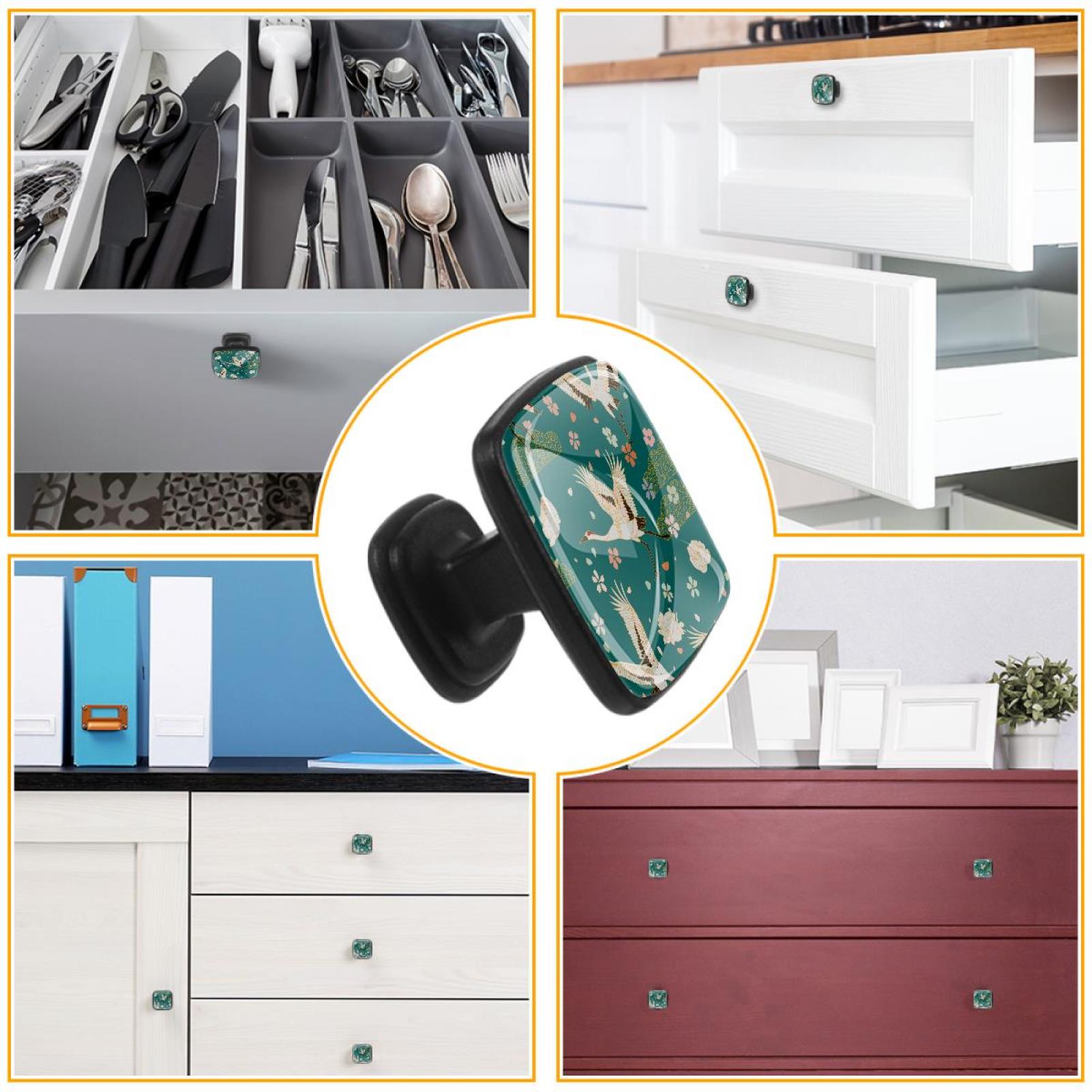 4 Pcs Cabinet Handle Drawer Pulls Red-Crowned Crane Knobs with Screws Square Furniture Office Cabinet Knob Decoration