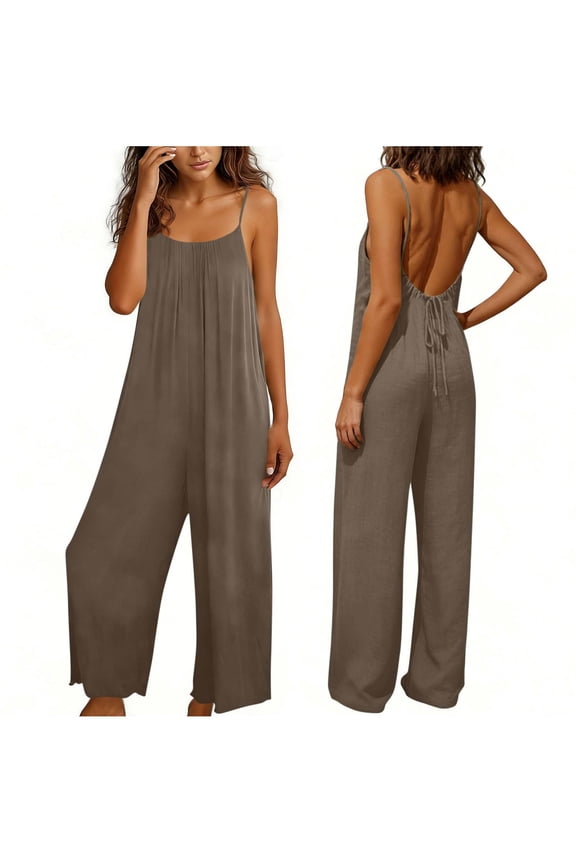 Jumpsuits for Women Sevevn Women's Sleeveless Spaghetti Strap Jumpsuit Backless Tie Wide Leg Loose Fit Romper Brown 2XL