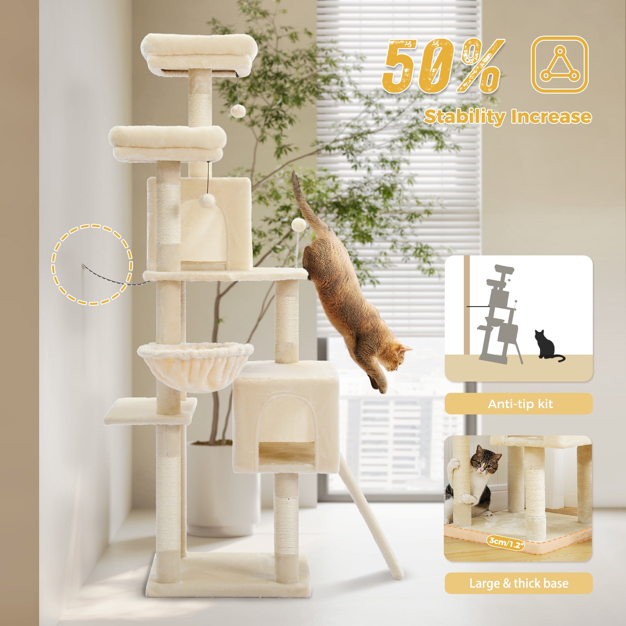 PAWZ Road 64" Cat Tree Tower Large Scratching Posts Tower for Bigger Cats,Beige