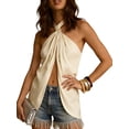 thumbnail image 1 of Argulvti Women’s Satin Halter Tops Summer Fashionable Solid Color Backless Split Hem Going Out Vest, 1 of 8