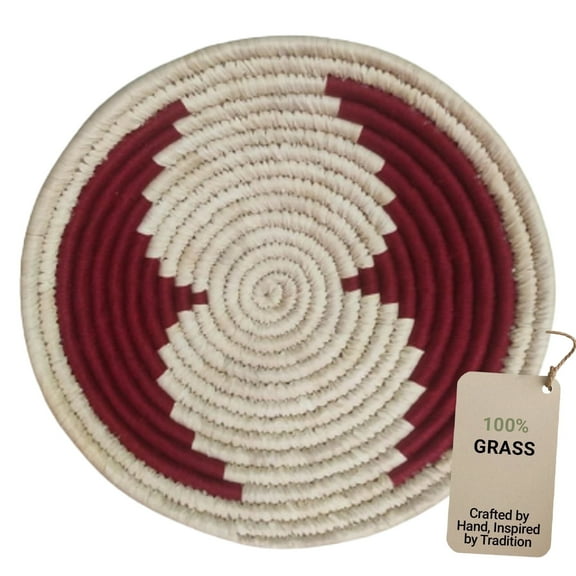Wicker Village Handmade Small Round 8" Red Woven Basket, Natural Grass Wall Décor