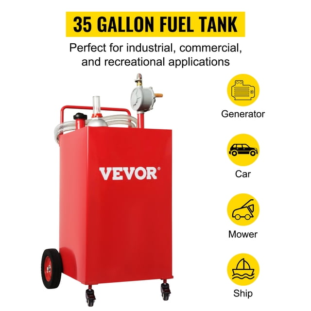 VEVOR Fuel Caddy, 35 galones, tanque de almacenamiento de gas en 4 ruedas, con bomba de transferencia manual, contenedor de combustible diesel de gasolina para coches, cortadoras de cesped, vehículos