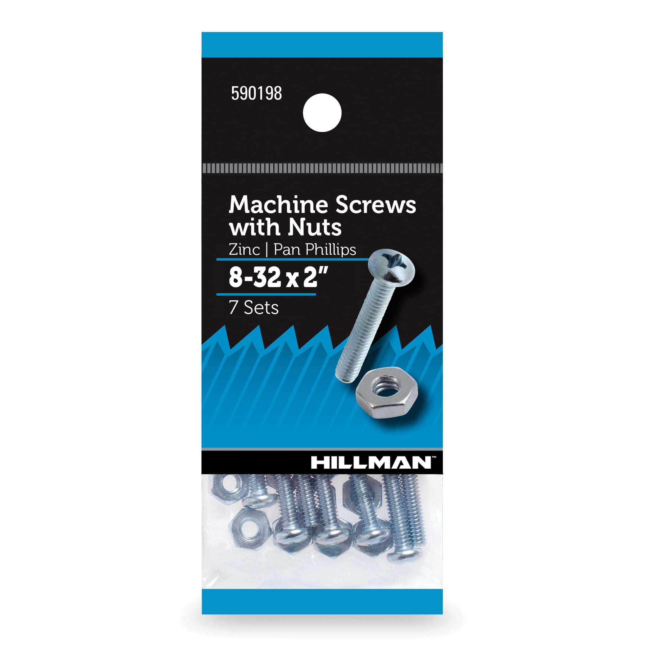 (5 pack) Hillman Machine Screws, 8-32 x 2", Steel, Zinc, Interior, Phillips, Silver, 7 sets