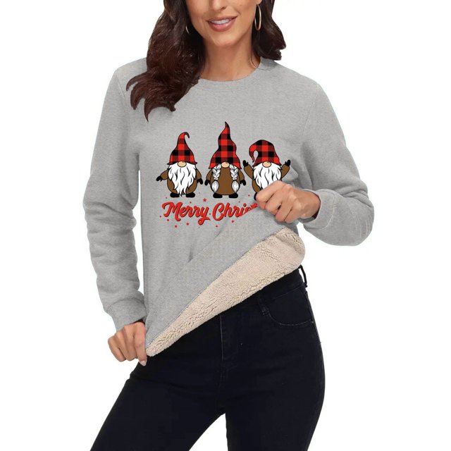 Diufon Chandails en Molleton de Noël pour Femmes en Polaire Épaissie Chaude à Manches Longues Col Rond Chandail Imprimé Mignon