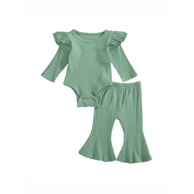 Xingqing Newborn Baby Girls Fall Spring Outfits Ruffle Long Sleeve Knitted Romper Tops + Bell Bottom Pants Clothes