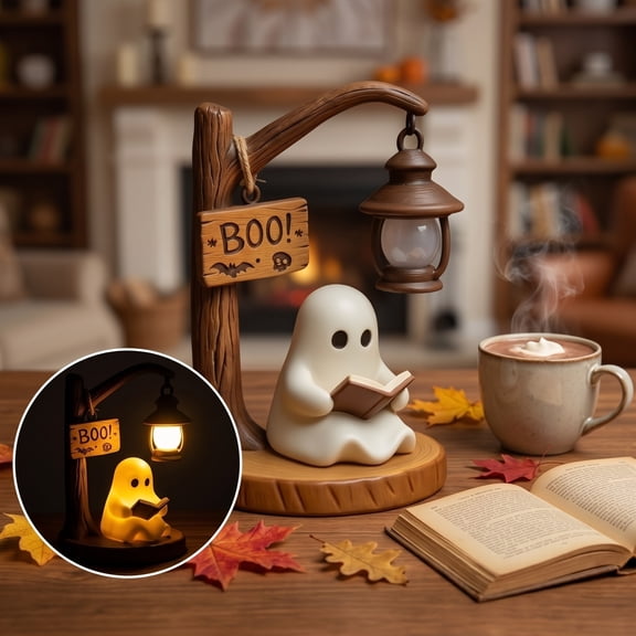 Liamobondopolis Ghost Reading Under Lantern Figurine With Led Light Halloween Lights and Halloween Decor for Tabletop and Mantel Displays 4.53 x 5.91 in