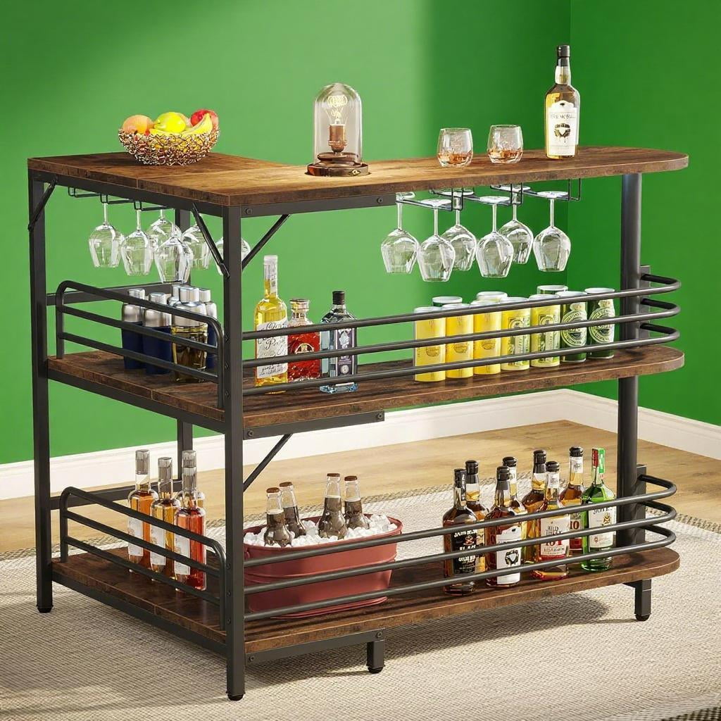 L-Shaped Bar Table, Home Bar with 6 Stemware Racks, Large Countertop, Sturdy Liquor Bar for Home Easy Assembly Rustic Brown & Matte Black