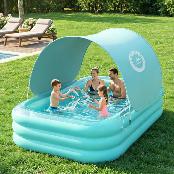 Inflatable Pool with Canopy, Large Inflatable Swimming Pool for Adults & Kids, Blow Up Pool Thickened Family Pool for Outdoor Backyard Garden Party Summer Fun, 102" x 65" x 22"(Green)