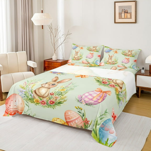 Manfei Cartoon Cute Rabbit Twin Sheet Sets for Kid, Happy Easter Eggs Twin Fitted Sheet, Kawaii Bunnies Animal Flat Sheet, Ultra Soft Home Decor, 3pcs