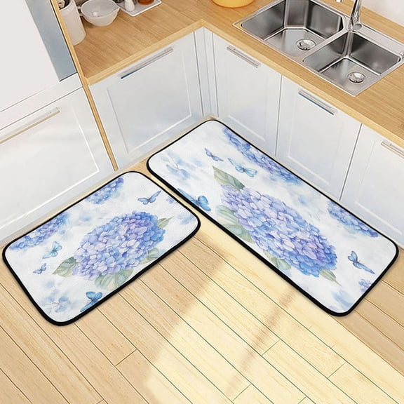Kitchen Rug Set 2 Pieces Non Slip Kitchen Mat for Kitchen Home Floor Sink 47"x19" 27"x19" Blue Hydrangea Pattern