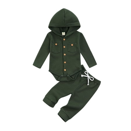 

Musuos Babys Solid Color Long Sleeve Hooded Romper and Tie-up Trousers Set