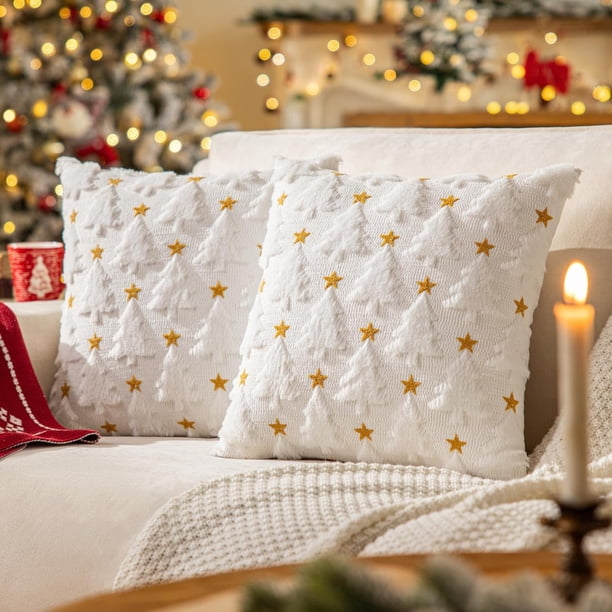 Fundas Navideñas para Cojines, 45x45 cm - 2 Felpa Árbol de Navidad Cojines Para Sala, Funda Almohada Cojines Navideños Elegantes, Decoracion Navidad (Árbol de Navidad -Blanco)