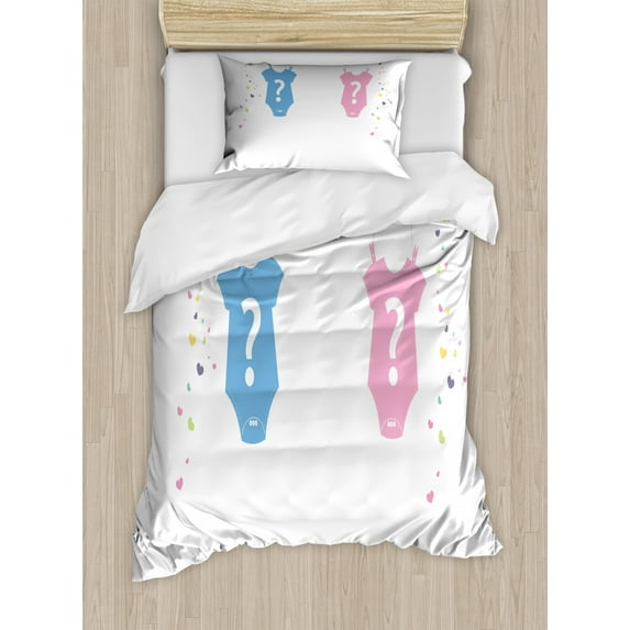 Gender Reveal Duvet Cover Set Twin Size, Hanging Newborn Baby Clothes with Interrogation Point Hearts Girl and Boy, Decorative 2 Piece Bedding Set with 1 Pillow Sham, Multicolor, by Ambesonne
