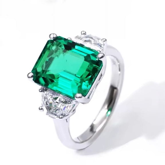 Emerald Cut Lab-Created Emerald & D-Shaped Diamond Gemstone Three-Stone Ring in 925 Sterling Silver for Women