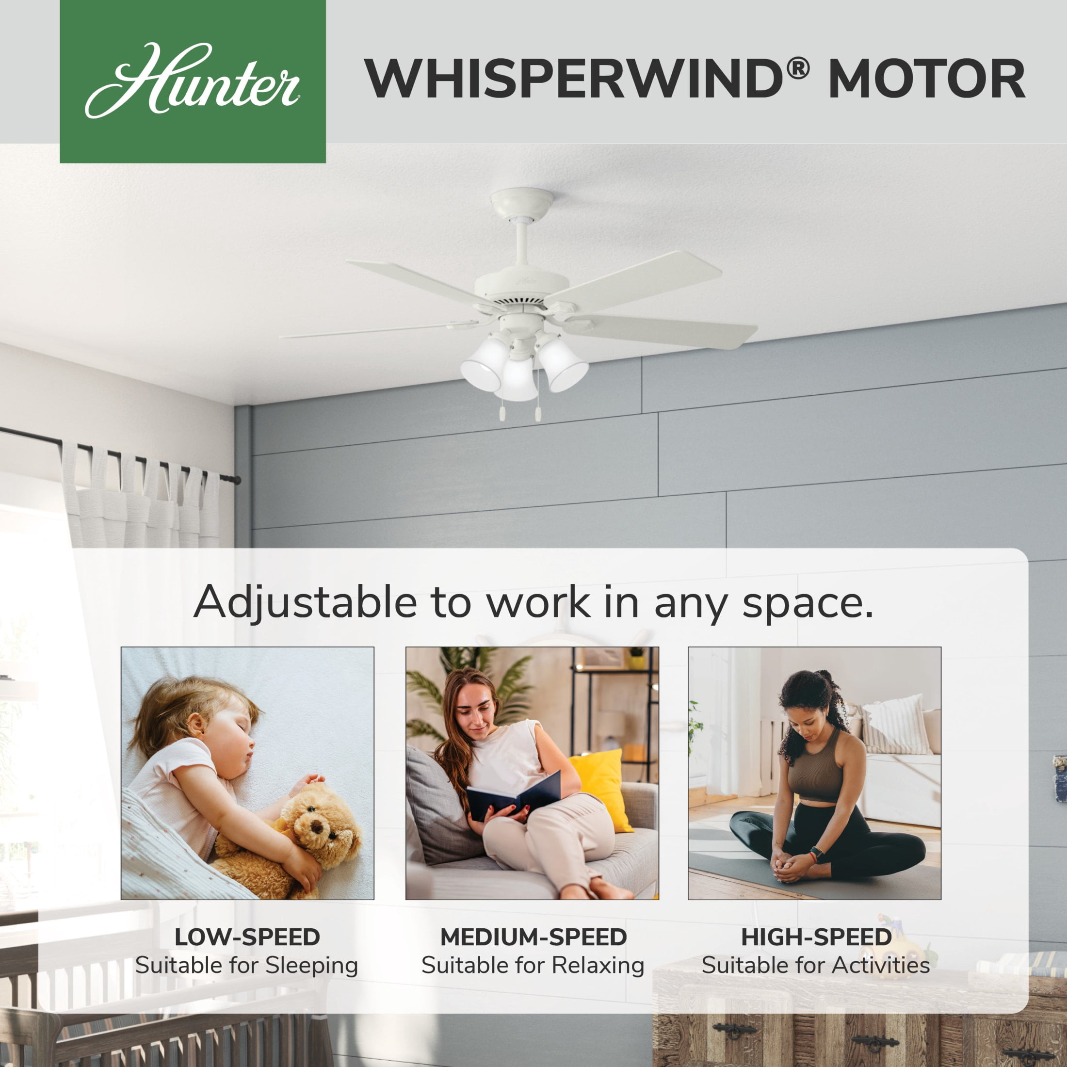 Hunter - Swanson Indoor Ceiling Fan With Light, 52-inch, Fresh White, Casual-style, 3-speed WhisperWind Motor, 50895, for living rooms, bedrooms, home offices, kitchens