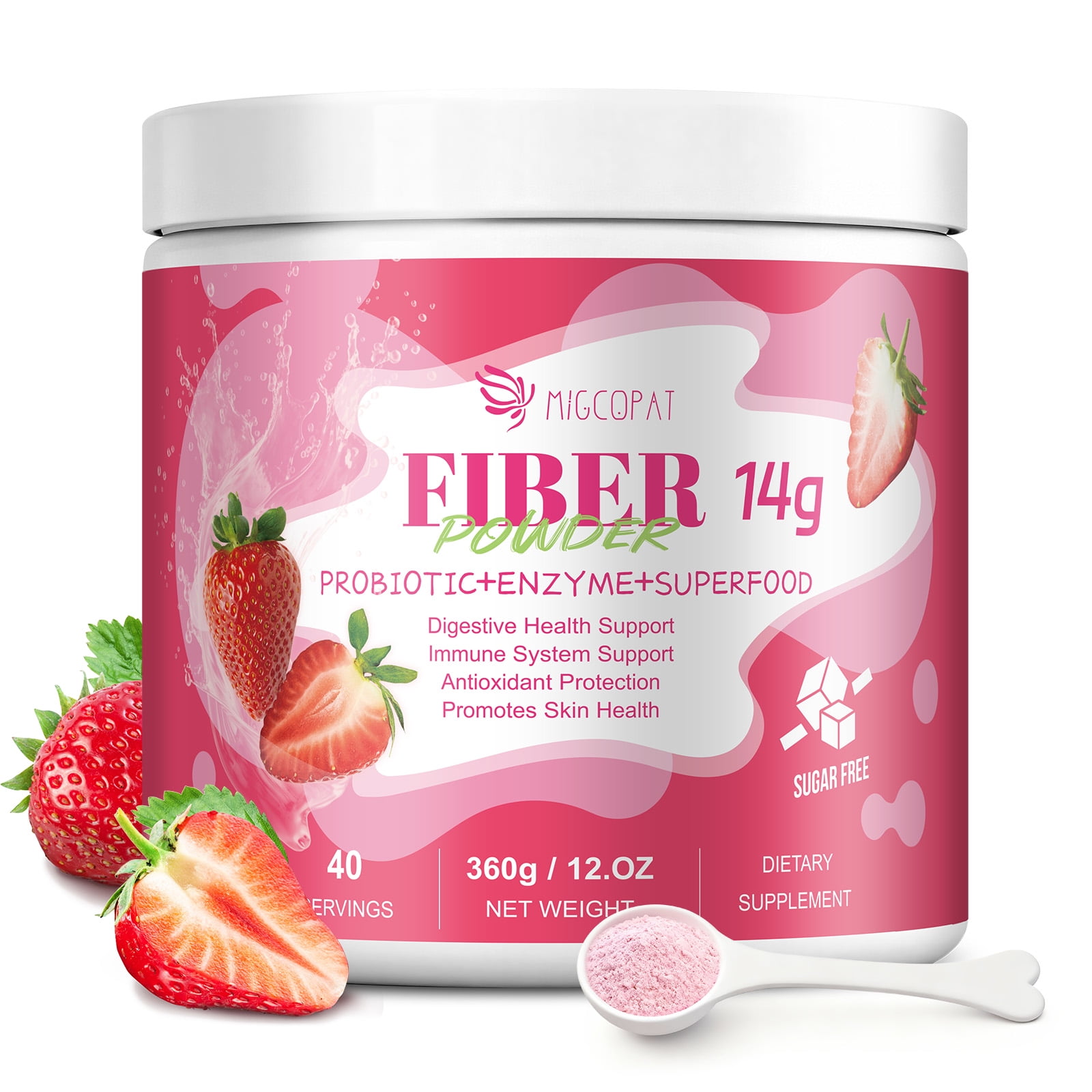 Migcopat Superfood Fiber Powder with Probiotics & Prebiotics, Supports Digestive Health & Skin Wellness, Strawberry, Vegan, 40 Servings
