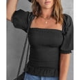 thumbnail image 3 of Top De Verano, Fruncido, Transpirable, Dobladillo Con Volantes, Manga Farol De Color Puro, Cuello Cuadrado, Blusas De Mujer Para Uso Diario EOTVIA Negro L, 3 of 5