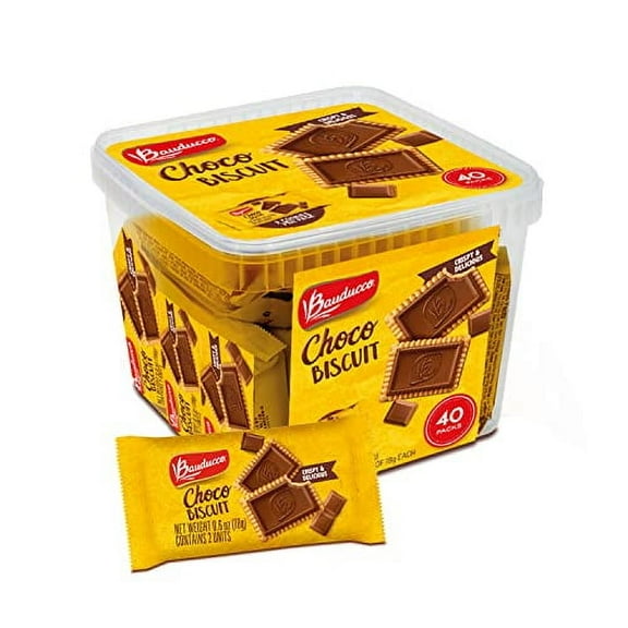 Bauducco Choco Biscuit Cookies -Tub 40 pk - Crispy & Delicious - Great for Snacks, Dessert & Lunch Box â€“ 2 cookies per pack, individually wrapped, 25.3 oz (Pack of 40)
