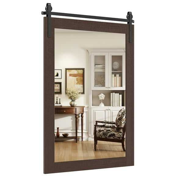 Gymax Farmhouse Wall Mirror Rustic Wood Frame Barn Door Style Decorative Mirror