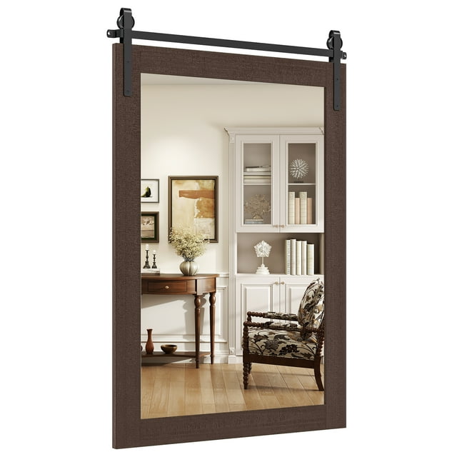 Gymax Farmhouse Wall Mirror Rustic Wood Frame Barn Door Style Decorative Mirror