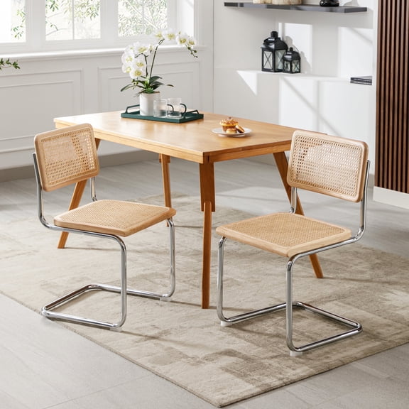 ONEVOG Rattan Dining Chairs Set of 2, Natural Cane Mesh Dining Chairs with Chrome Legs, Mid Century Modern Kitchen Side Chairs for Dining Living Room, Natural