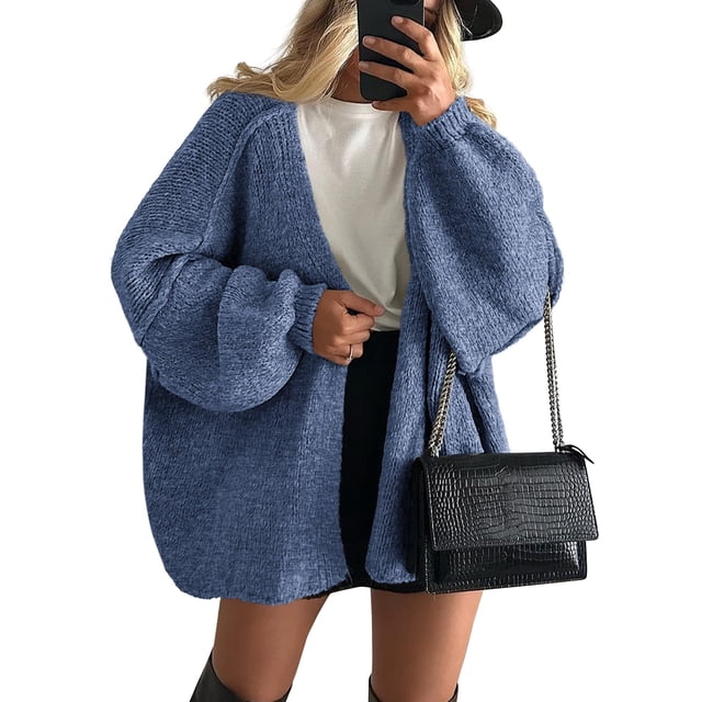 Suéteres Cardigan Oversized para Mujer PRETTYGARDEN 2025 Otoño Manga Lámpara Larga Tejido Abierto Liviano (Azul Bruma, XL)