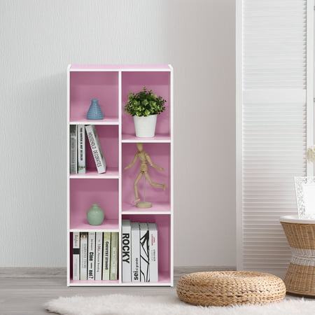 Furinno 7-Cube Reversible Decorative Bookshelf Open Bookcase Storage Shelf Display Cabinet for Kids Room&Living Room&Home Office,White/Pink