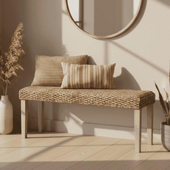 Amhold Indoor Wood Acacia Bench Natural Water Hyacinth Seat for Rustic Industrial Style Entryway