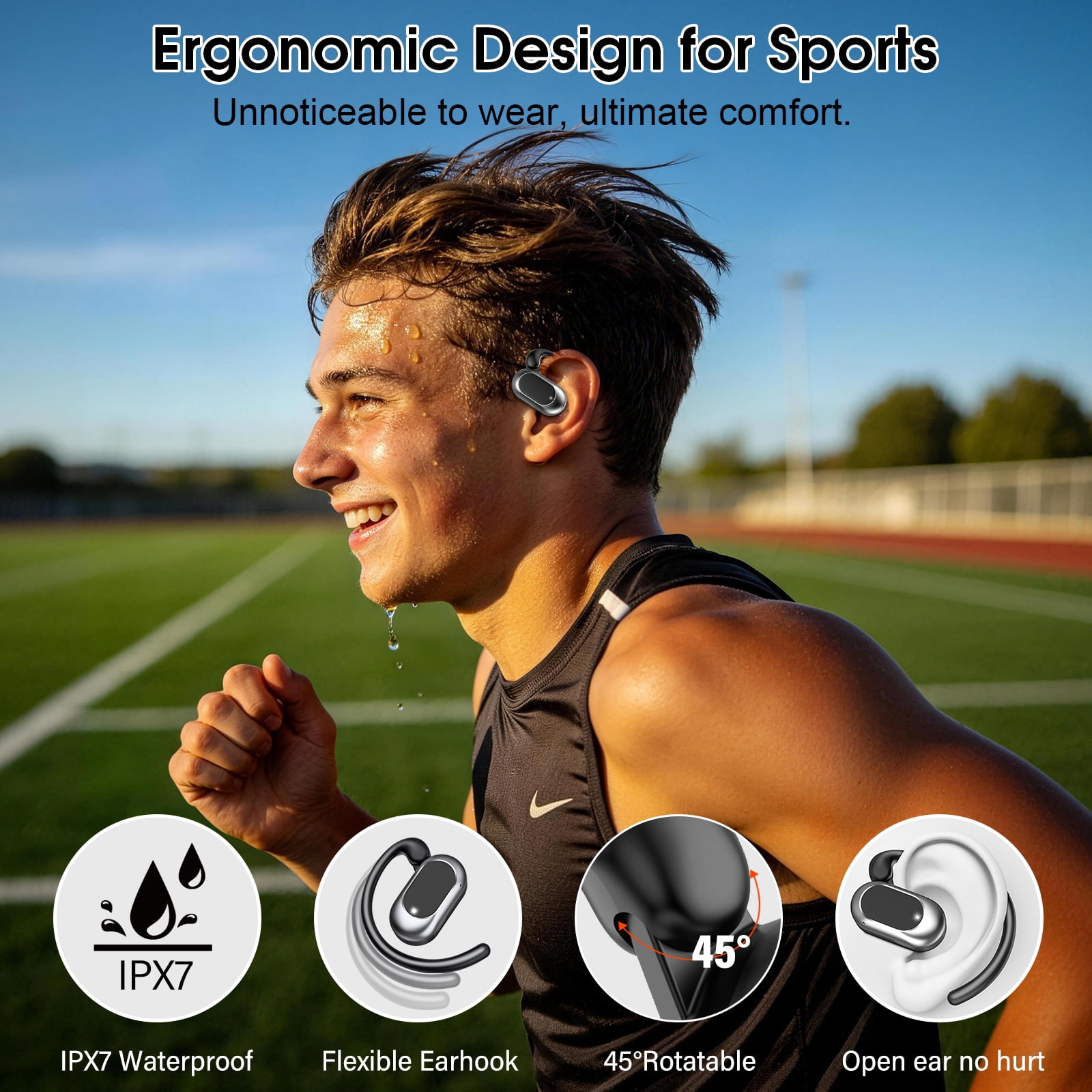 Open Ear Earbuds, Bluetooth 5.4 Headphones, Wireless Earbuds with Ear Hooks,70H HiFi Stereo Open Ear Headphones with Mic, IP7 Waterproof Lightweight Air Conduction Headphones for Workouts and Running