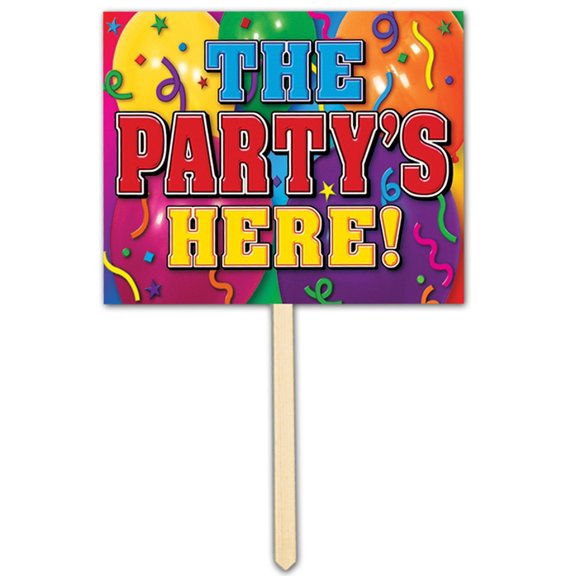 Pack of 6 Vibrantly Colored 'The Party's Here!' Yard Stake Sign Party Decorations 15"