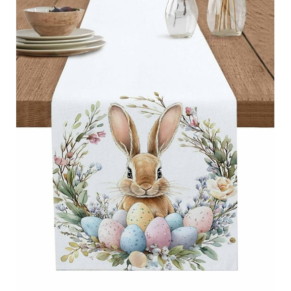 Easter Bunny Burlap Cotton Table Runner 18x72 Inches Long, Spring Floral Colorful Eggs Wreath Farmhouse Table Runners, Outdoor Dining Tablecloths Decor for Baby Shower/Party/Wedding