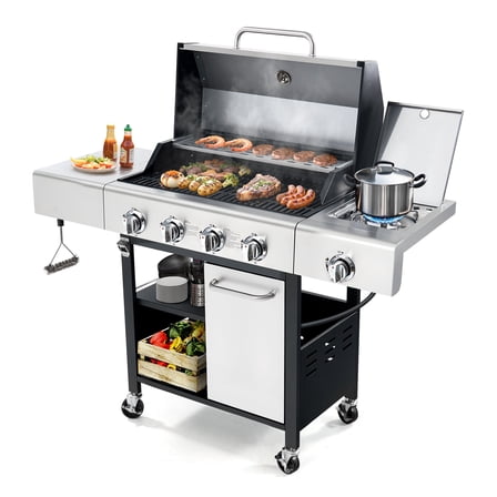 Sesslife 4-Burner BBQ Propane Gas Grill with Side Burner, 50,000 BTU Stainless Steel Patio Barbecue Grill with Shelf, Gas Tank Hook, Towel Rack & Bottle Opener for Camping, Outdoor,Parties.