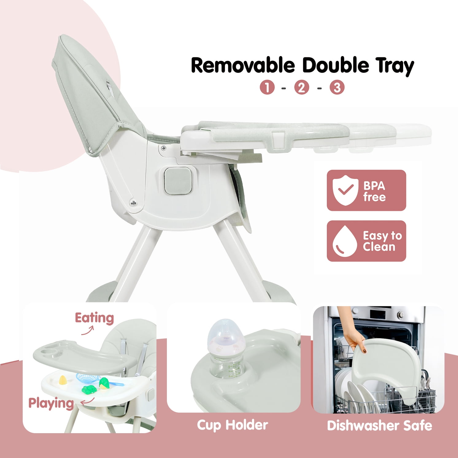 Aprpink 6 in 1 Baby Convertible High Chair Seat with 5 Point PU Safety Harness, Light Green Striped
