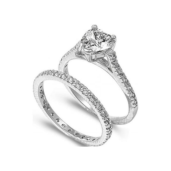 Round Center with Round Stones Cubic Zirconia Wedding Set Ring Sterling Silver 925