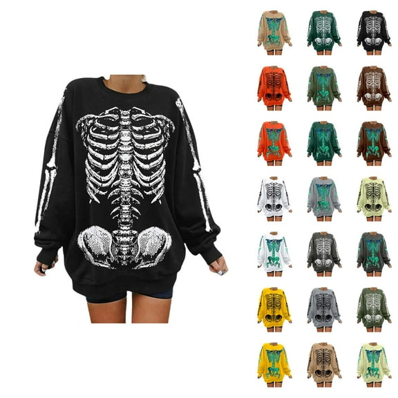 Halloween Skeleton Sweatshirts for Women 2025 Long Sleeve Crewneck Skeleton Graphic Sweatshirt Pullover Tops
