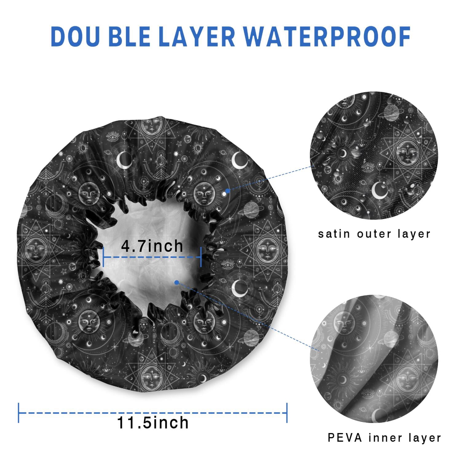 Shower Caps,Black Gothic Sun Moon Pattern Waterproof Shower Cap for Women 4 Pieces,Double Reusable Hair Cover for Shower PEVA Elastic Stretch Hem