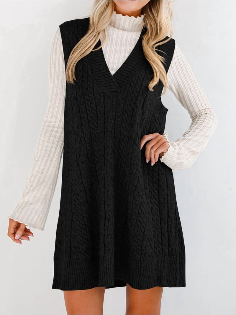 Womens Oversized Sweater Vest Dress V Neck Sleeveless Fall Trendy Casual Knit Cable Mini Dresses