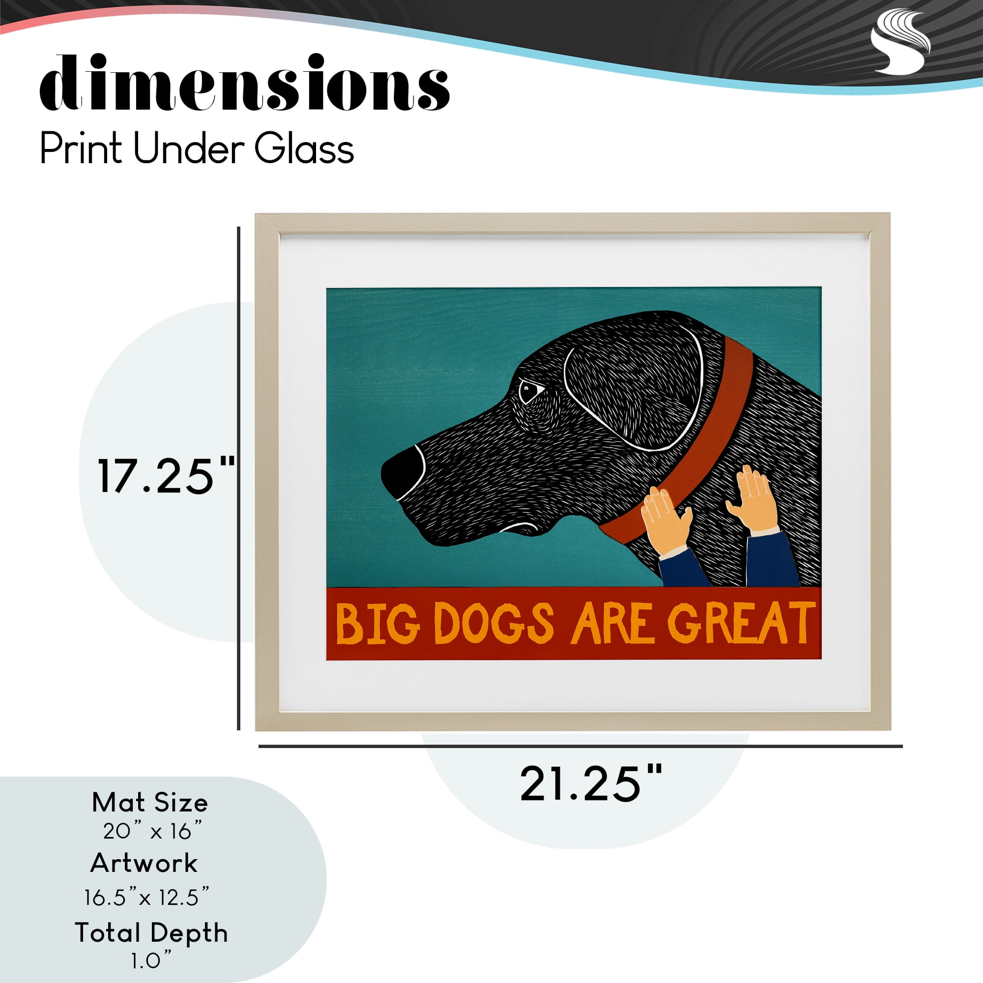 Big Dogs Are Great Birch Framed Print Under Glass, design by Stephen Huneck