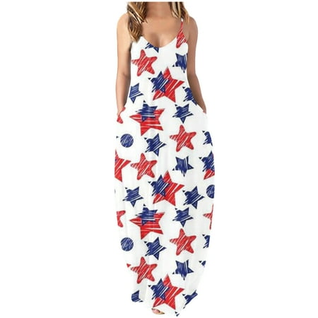 

Women s Summer Maxi Dresses 4th of July American Flag Printed Spaghetti Straps Sleeveless Loose Sundress Beach Flowy Swing Dress with Pockets