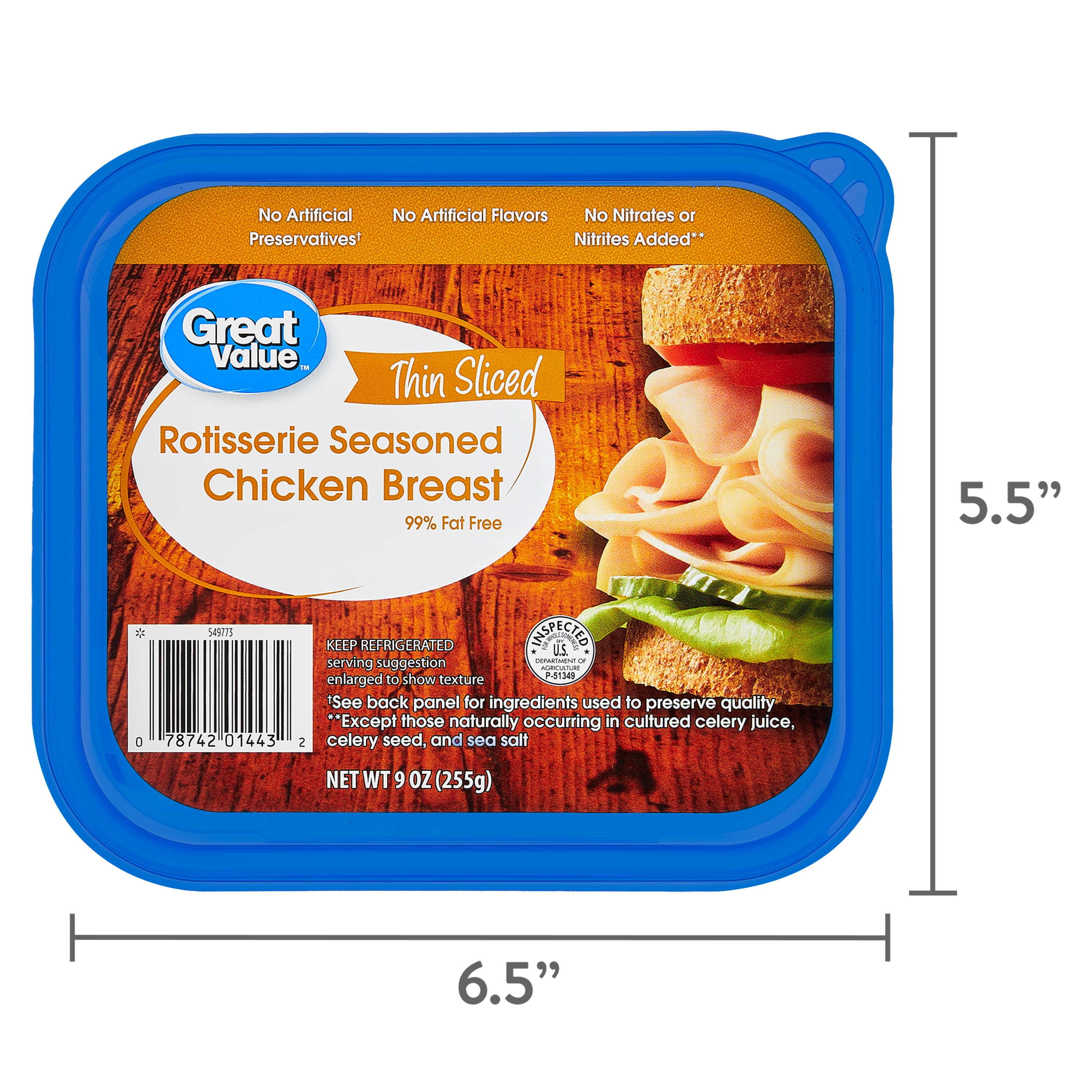 Great Value Rotisserie Chicken Lunchmeat, 9 oz, Plastic Tub, 10g of Protein per 2oz Serving