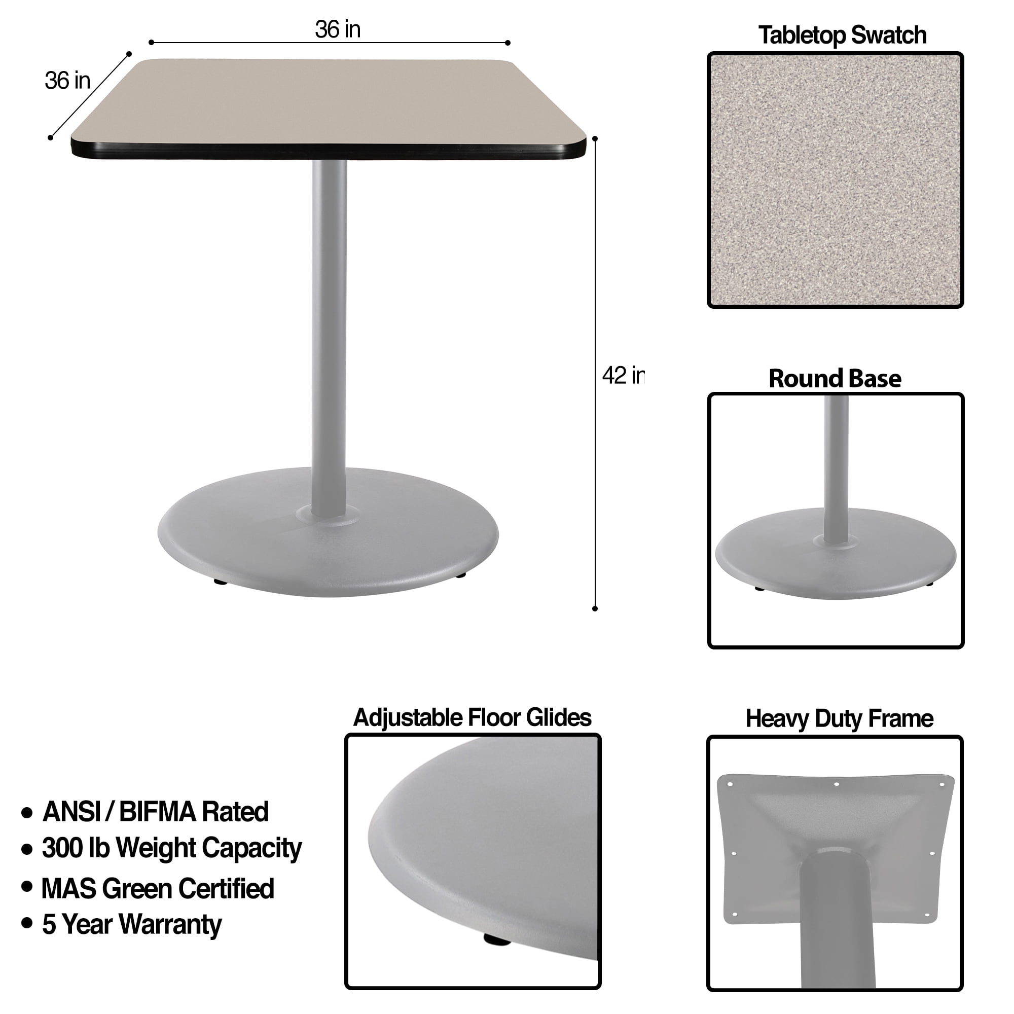 Hampden Furnishings Bennet Collection Steel Frame 36" Square Top, Round Base, 42" Height, Cafe Table Grey Frame/Grey Nebula Top