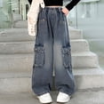 thumbnail image 2 of kpoplk Girls Jeans Baggy Wide Leg Cute Teen Denim Pants Junior Mid Rise Elastic Band with Pockets Casual Clothes(Blue,9-10 Y), 2 of 7