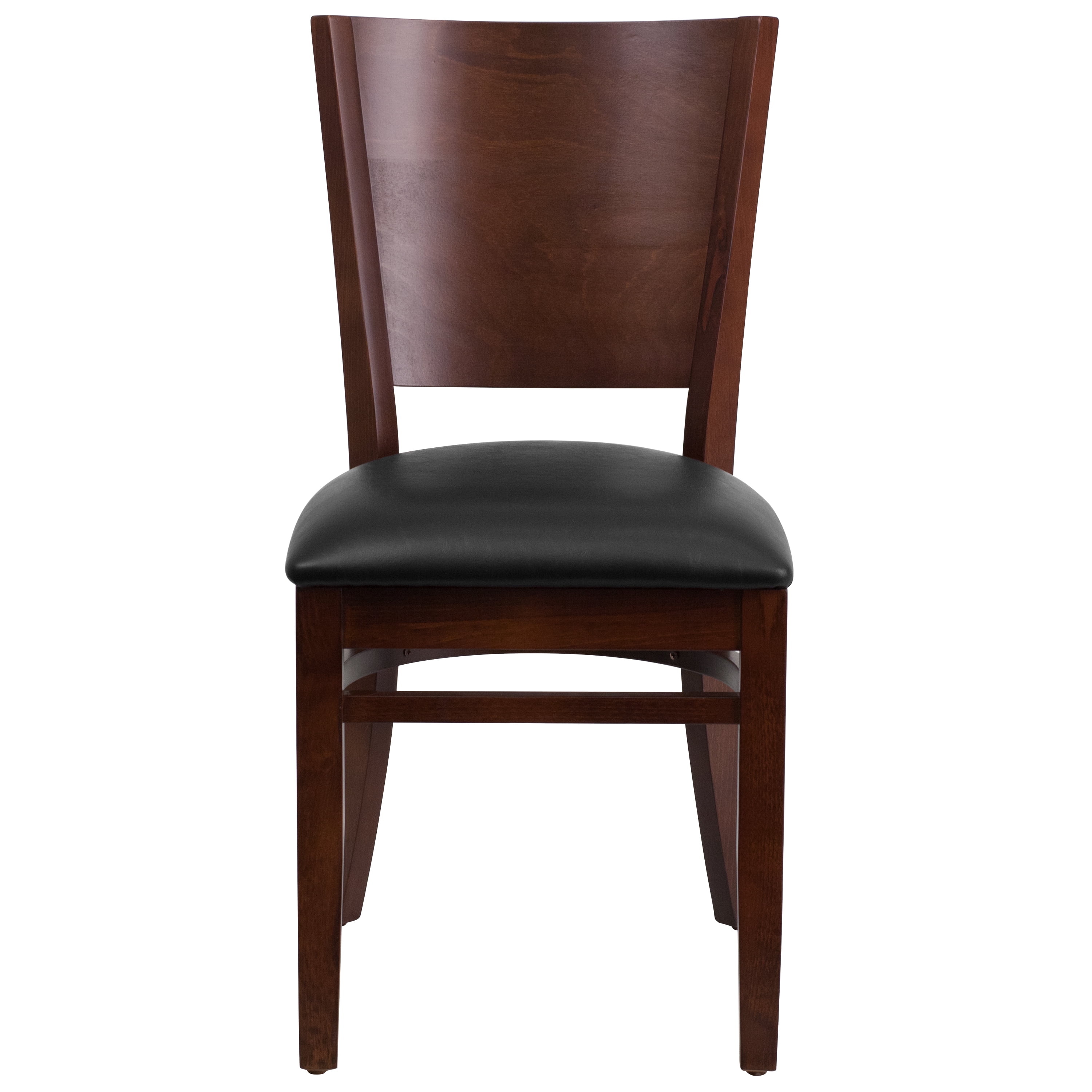 Solid Back Walnut Wood Finish Restaurant Chair with Black Vinyl Seat 