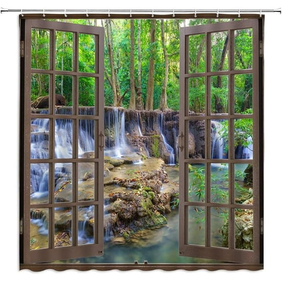 Forest Waterfall Shower Curtain Tropical Jungle Nature Waterfall Green Tree Rock Scenery Throught Brown Window 3D Fabric Bathroom Decor Set Include Hooks 36"W x 72"L (Pack of 1)