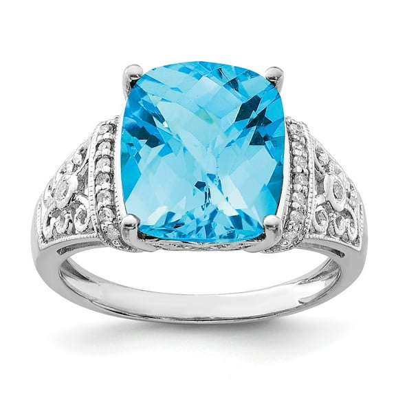 Sterling Silver Rhodium Checker-Cut Blue Topaz & Diam. Ring QR3062BT