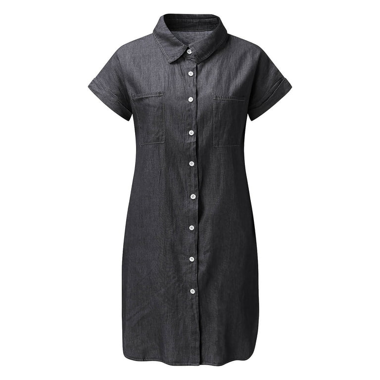 Summer Dress Women's Slim Fashion Sleeve Denim Midi Short 2021 Women's Casual  Dress Casual Long Sleeve Dress plus Size Tunic Dress Casual Dress for Women  Short Sleeve Casual Dress with Pockets Wrap -