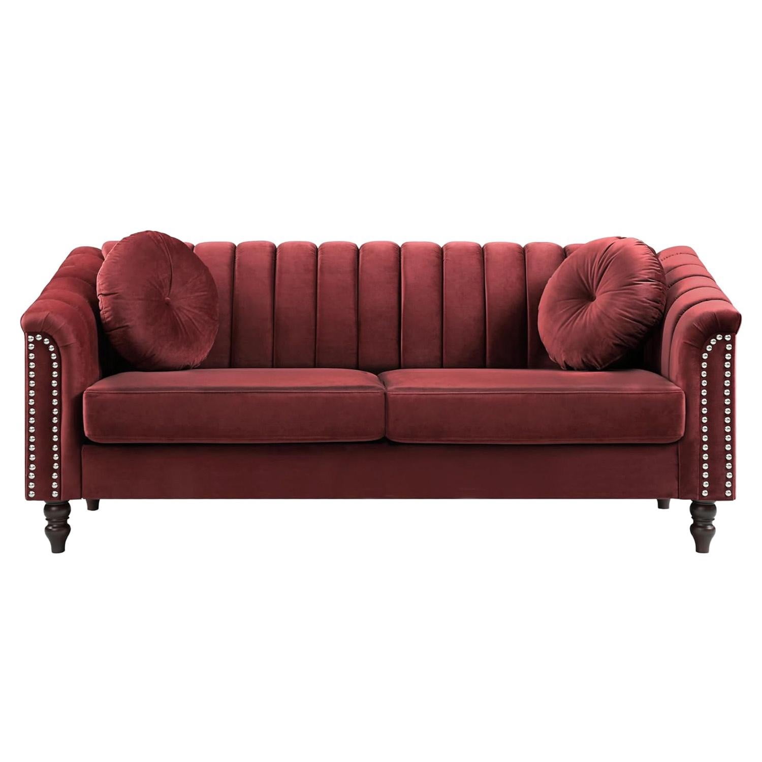 Gewnee Chesterfield Velvet Sofa Couch with Nailhead Trim and 2 Pillows for Living Room,Red