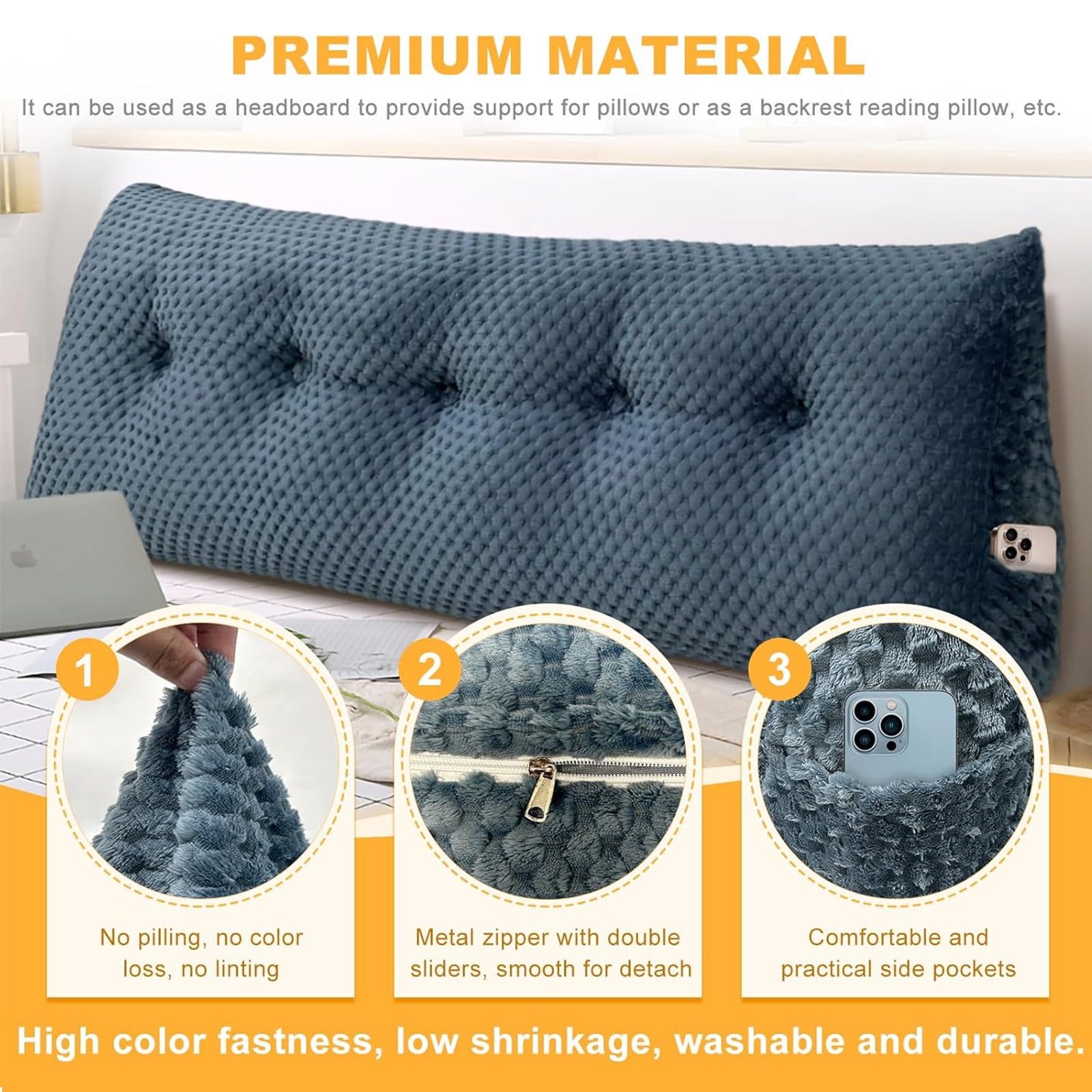 Velvet Soft Triangular Wedge Headboard Pillow,Queen Size Bedside Pillow Rest Reading Pillows Lumbar Pad Cushion